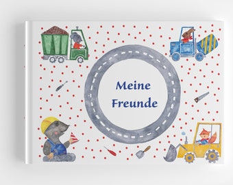 Freundebuch Kindergarten Tiere auf der Baustelle Fahrzeuge, Geschenk Kindergarten Start, Geschenk Schulkindl