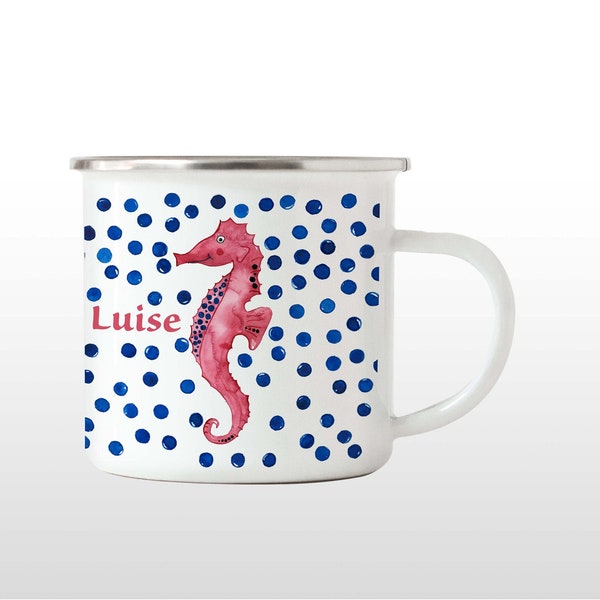 Enamel cup, cup for children, enamel cup seahorse, camping cup coffee cup enamel cup