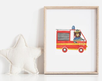 Children's room poster bear fire brigade, children's room decoration, children's room picture girls and boys