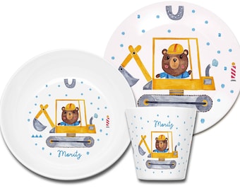 Children's crockery personalized, children's crockery excavator with name, gift for birth, gift for baptism