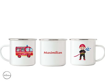 Enamel cup for children Fire brigade named ceramic cup Children's cup with name, cup for boys