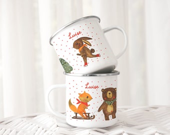 Enamel cup bear, fox and hare, ceramic cup forest animal, children's cup with name Enamel cup children's cup with name