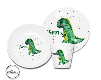 Kindergeschirr Dinosaurier mit Namen aus Melamin, Kindergeschirr personalisiert, Geschenk zur Taufe, Kindergeschirr Junge