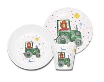 Children's tableware personalized, children's tableware bear on the tractor with name, gift for a birth, gift for a baptism