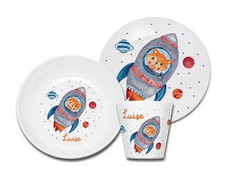 Children's tableware personalized, children's tableware fox in space with name, gift for a birth, gift for a baptism