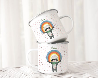 Enamel cup panda and rainbow, ceramic cup forest animal, children's cup with name. Enamel cup, children's cup with name