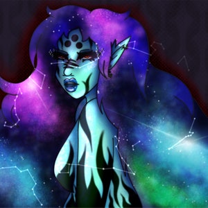 May include: A digital illustration of a woman with blue and purple hair, a galaxy background, and constellations. Her skin is blue and she has a black and white flame design on her body.