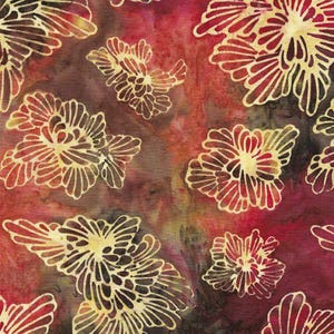 May include: Red fabric with a repeating pattern of gold and brown stylized flowers. The flowers have a layered, feathery appearance.