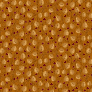 May include: A seamless pattern featuring stylized leaves in a light brown color on a dark brown background. The leaves are arranged in a repeating pattern with small clusters of burgundy berries.