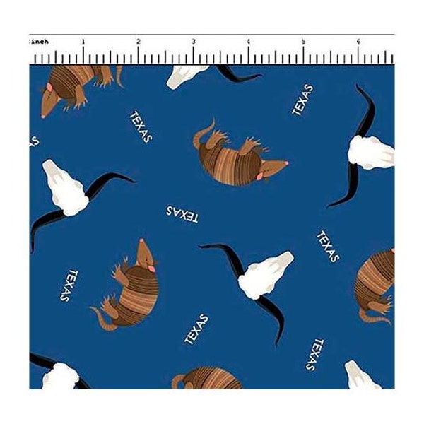 All Texas Shop Hop Collection Texas Skulls & Armadillos Blue Yardage (44" x 45") Wide by QT Fabrics #800 BLUE 100% Cotton