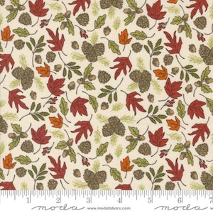 May include: A cream-colored fabric with a repeating pattern of red, orange, and green leaves, pine cones, and acorns. The fabric is perfect for quilting, crafts, and home decor.