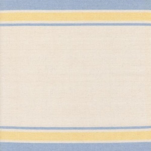 May include: Cream-colored fabric with horizontal stripes in light blue and yellow. The stripes alternate, with the blue stripes being wider than the yellow ones. The fabric has a textured appearance.
