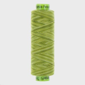 May include: A spool of light green thread with a cross-wound pattern. The top and bottom labels are bright green and feature the text Eleganza Perle and WonderFil Thread respectively, printed in a dark font against the light green background.