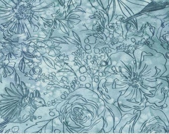 Chickadee Collection Floral Line Drawing Light Blue Watercolor Yardage by Create Joy Project for Moda Fabrics 39738-16 100% Cotton