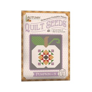 May include: A printable pattern for a quilt block featuring a pumpkin design. The pattern is titled "Grow your Pumpkin Patch! Quilt Seeds" and is part of the "Pumpkin No. 9" collection by Lori Holt of Bee in my Bonnet.