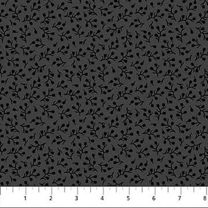 May include: A dark gray fabric with a repeating pattern of small black floral sprigs.