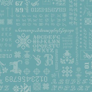 May include: A teal blue background with a white cross-stitch pattern of various letters, numbers, and symbols. The pattern includes the alphabet, numbers 0-9, and various symbols like arrows, stars, and flowers.
