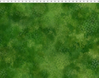 May include: Green fabric with a leaf pattern. The fabric has a mottled appearance with varying shades of green, creating a textured look. The leaf pattern is repeated across the fabric.