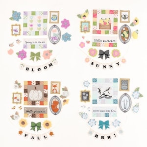 May include: Four sets of digital scrapbook paper featuring a variety of designs and colors. Each set represents a different season: spring, summer, fall, and winter. The spring set features flowers, butterflies, and a banner that says "Spring is in the air". The summer set features a basket of fruit, a bee, and a banner that says "Hello summer". The fall set features pumpkins, sunflowers, and a banner that says "Hello, pumpkin". The winter set features snowflakes, ice skates, and a banner that says "Snow place like home".