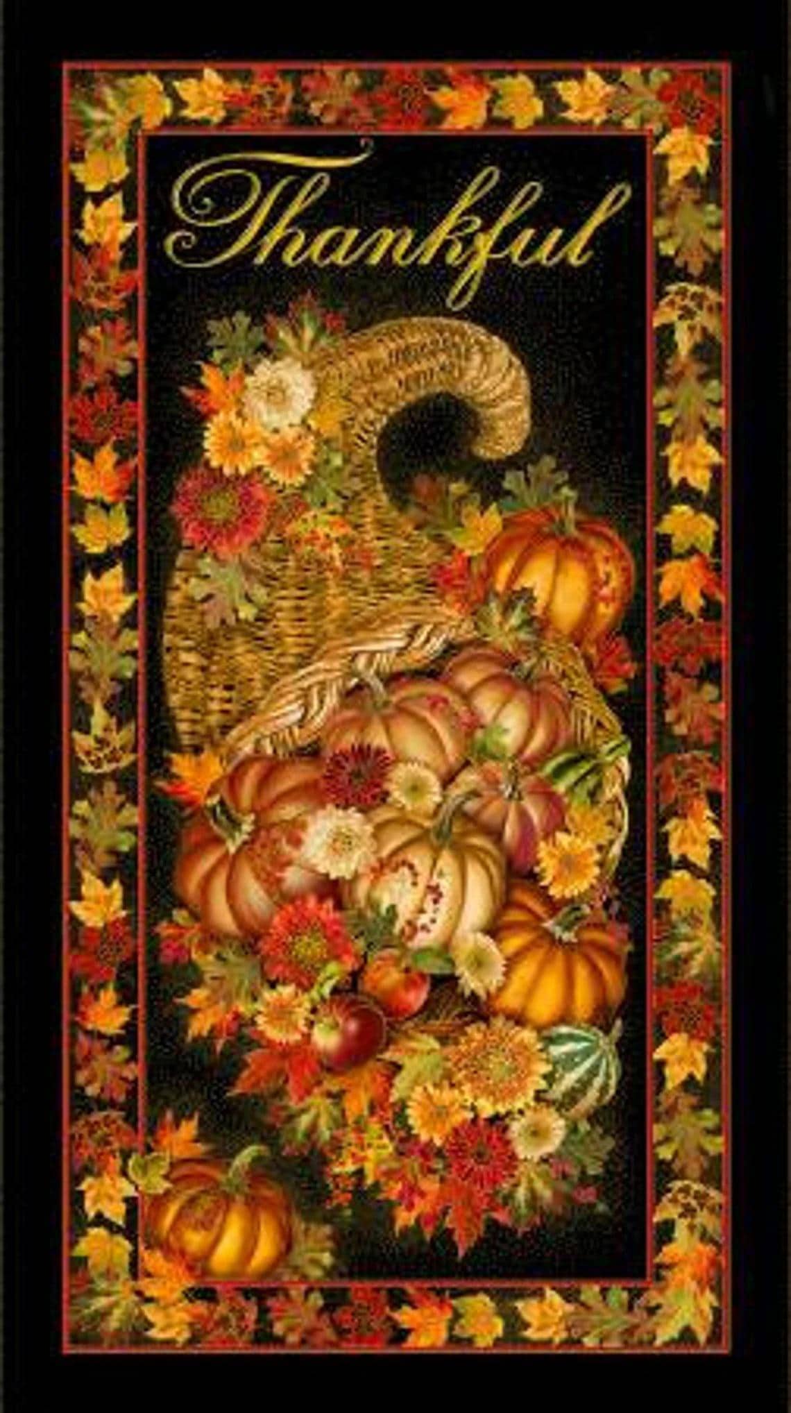Harvest Collection Thanksgiving Harvest Gold Metallic Panel (24" x 45") Wide Licensed for Timeless Treasures #CM2101-BLACK 100% Cotton