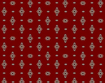 May include: A repeating pattern on a red background. The pattern consists of small, light blue diamond shapes with a white dot in the center, and small white dots and ovals. The design is symmetrical and evenly spaced.