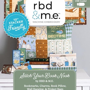 May include: A display of fabric items with a book theme, including a pillow, project bags, and a wall hanging. The items feature book and library-themed patterns and the text "Stitch Your Book Nook". A blue and white badge reads "10" Stacker Friendly".