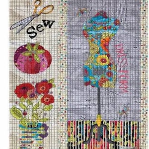 May include: A colorful fabric panel with a sewing theme. The panel features a sewing machine, a pair of scissors, a tomato, and flowers. The text "Sew Happy" is at the top of the panel. The panel is 30 inches wide and 38 inches high.