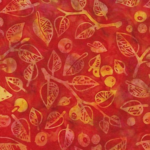 May include: A vibrant fabric featuring a repeating pattern of stylized leaves and berries in shades of red, orange, and yellow. The design includes detailed leaf veins and berry outlines, creating a textured, botanical theme. The overall effect is warm and inviting.
