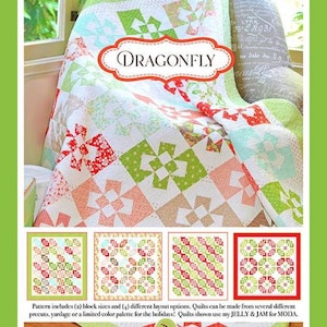 May include: A quilting pattern called "Dragonfly" featuring a quilt with a green, white, and red color scheme. The pattern includes two block sizes and four different layout options. The pattern is by Fig Tree & Co.