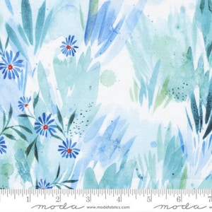 May include: Watercolor fabric featuring a blue and green floral pattern on a white background. The fabric has a subtle watercolor effect and features small blue flowers with red centers. The fabric is perfect for quilting, sewing, and crafting.