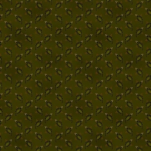 May include: A repeating pattern of small green leaves with brown dots on a dark green background.