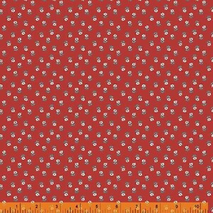 May include: Red fabric with a white floral pattern. The fabric is a repeating pattern of small white flowers on a red background.