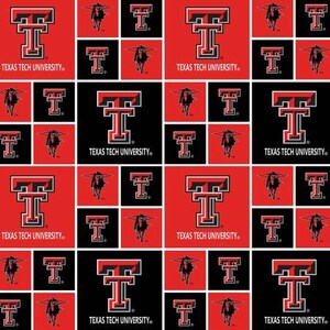May include: A repeating pattern featuring the Texas Tech University logo, a stylized red and black "T" with a white outline, and the words "TEXAS TECH UNIVERSITY." The pattern alternates between red and black squares.