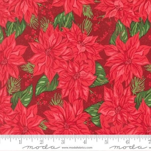 May include: Red poinsettia fabric with green leaves and red berries. The fabric has a repeating pattern of large poinsettia flowers. The fabric is suitable for holiday-themed crafts and sewing projects.