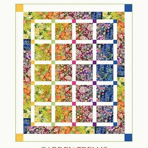 May include: A quilt pattern featuring a floral design with a trellis pattern. The quilt is 62 1/2 inches by 73 1/2 inches. The quilt is called "Garden Trellis" and is made by Copper Kettle Quilt Company. The pattern number is CKQ-2400.