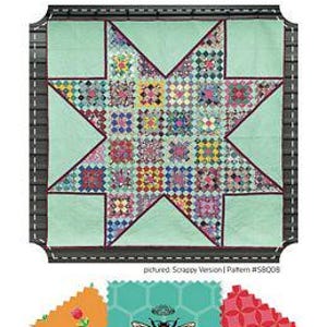 May include: A quilt pattern titled "Nana's Star Quilt" featuring a large star design in the center. The star is composed of various colorful patchwork squares. The quilt has a light green background with a dark border. Below are three fabric swatches.