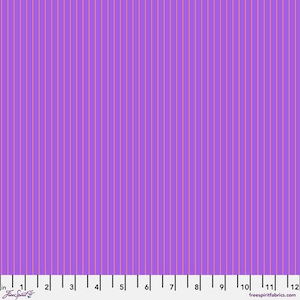 May include: Purple fabric with thin white stripes. The fabric is shown with a ruler for scale.