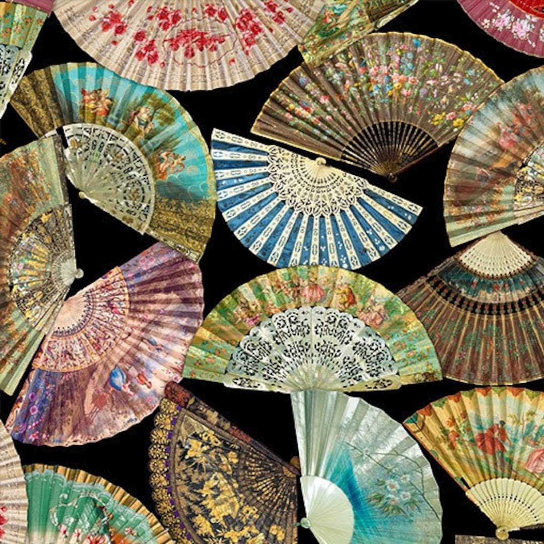 1-1/3 Yards Left! Gilded Age Collection Vintage Fans Black Yardage by ...