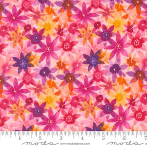 May include: Pink fabric with a watercolor floral pattern featuring pink, purple, orange, and yellow flowers. The fabric has a white background and a subtle shimmer.