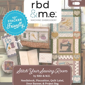 May include: A collection of sewing-themed items, including a quilt, needlebook, pincushion, and project bag. The quilt features embroidered scissors, spools of thread, and a sewing machine. The text "Stitch Your Sewing Room" is displayed.