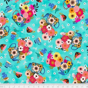 May include: A turquoise blue fabric with a repeating pattern of floral arrangements in a blue teapot. The flowers are in shades of pink, red, yellow, and orange. There are also small blue birds and teacups scattered throughout the pattern.