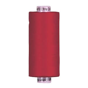 May include: A cylindrical spool of deep red sewing thread. The spool features a light pink label at the top and bottom with the printed text "WonderFil Efina Cotton 60wt". The thread is wound tightly around the central core in a smooth, uniform layer.