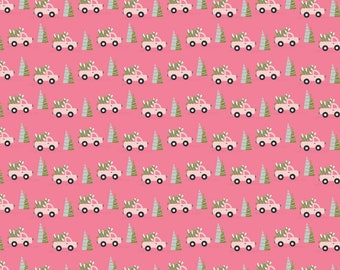 Snuggle Up Buttercup Collection Trucks and Trees Pink Yardage by Poppie Cotton #SB21614