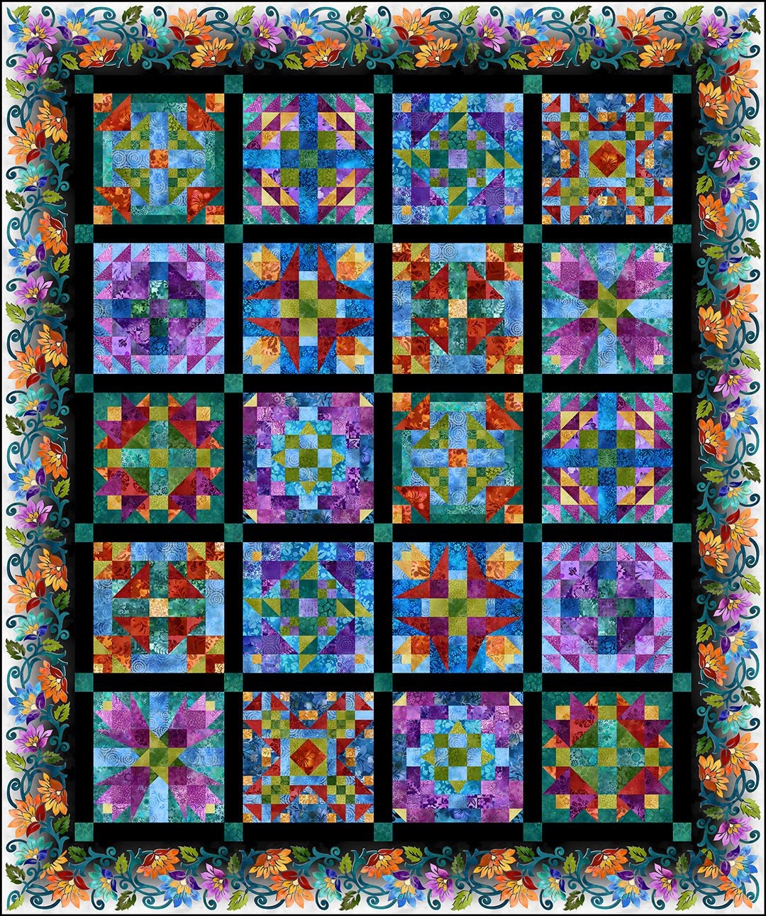 Prism Block of the Month Quilt Kit W/ Teal Floral Border by Jason
