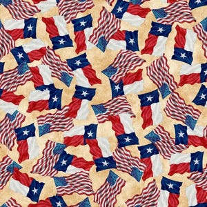 May include: A seamless pattern featuring a repeating design of red, white, and blue American and Texas flags. The flags are arranged in a random pattern and are overlapping each other. The background is a light beige color.