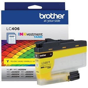 May include: Yellow ink cartridge for Brother printers. The cartridge is labeled "LC406 Y" and "INKvestment TANK". It is designed for use with Brother printers, including the HL-JF1, MFC-J4335DW, MFC-J4345DW, MFC-J4535DW, MFC-J5855DW, MFC-J5955DW, MFC-J6555DW, and MFC-J6955DW.