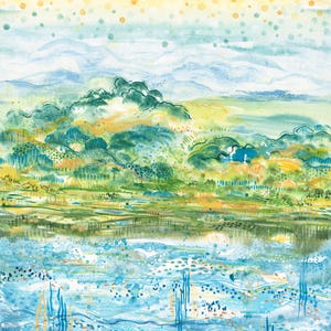May include: Abstract watercolor painting of a landscape with green hills, a blue lake, and a yellow sky with white dots. The painting has a textured look and is done in a loose style.