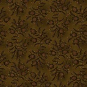 May include: A seamless pattern featuring a repeating design of stylized brown pomegranates and leaves on a dark brown background.