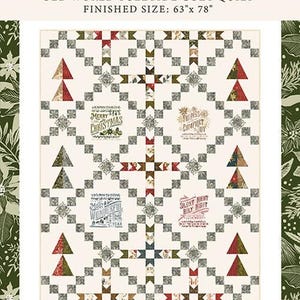 May include: A cozy quilt with a Christmas theme, featuring a cream background and a patchwork design. The quilt includes red, green, and gray squares, with Christmas tree shapes and text blocks that read "Merry Christmas" and "Silent Night". Finished size is 63" x 78".