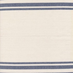 May include: A close-up of a blue and white striped fabric. The fabric has a textured appearance with alternating bands of solid blue and white. The stripes are horizontal, creating a classic, nautical design. The fabric is likely cotton or linen.